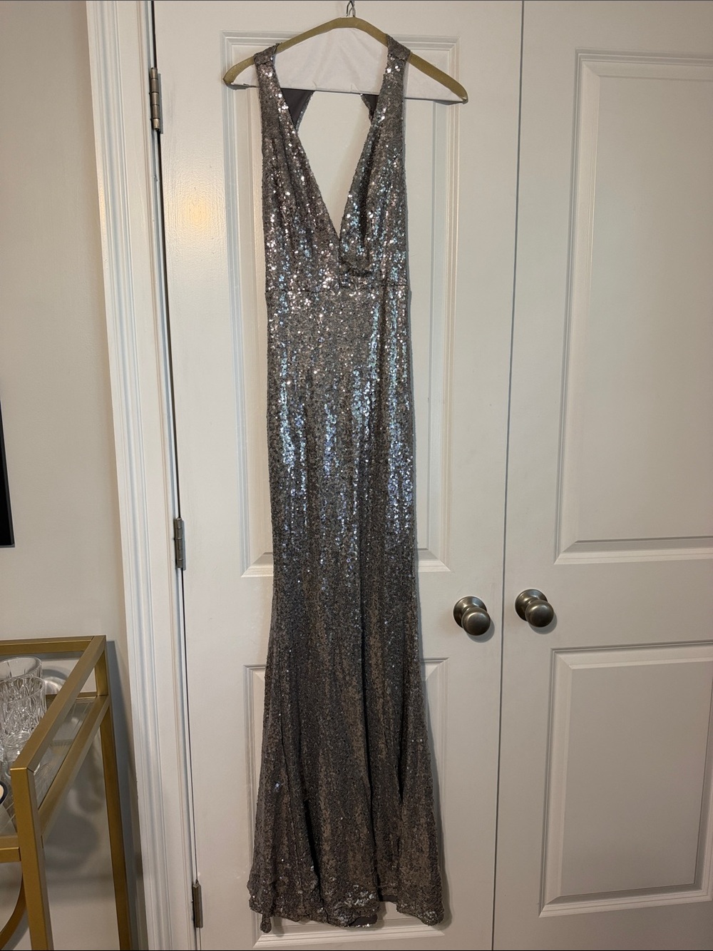 Lulu's Silver Sequin Backless Halter Gown